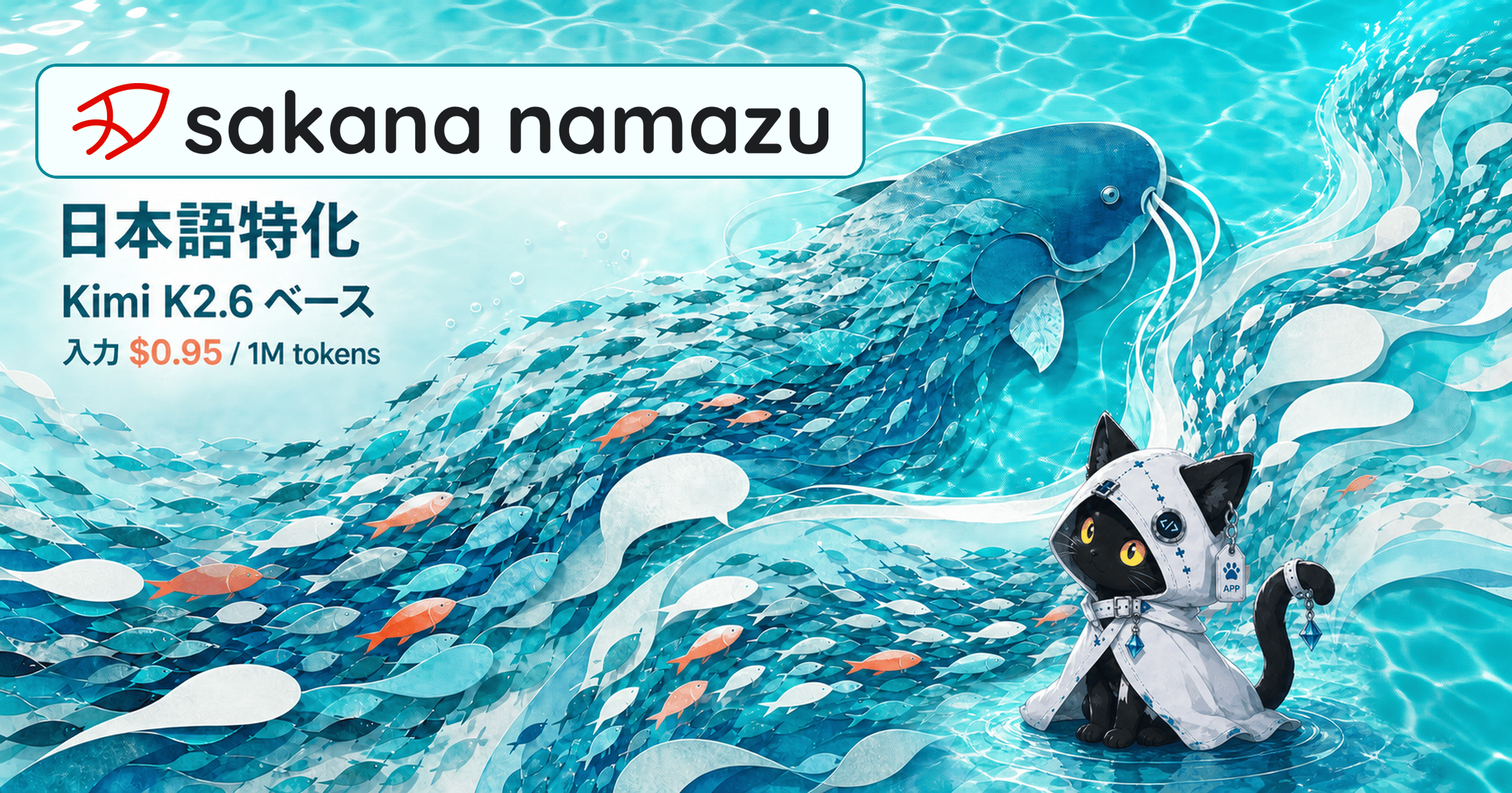 公式Sakana Namazuロゴ、魚群から形づくられる大きなナマズ、それを見上げる白いフードの黒猫を描いたイラスト